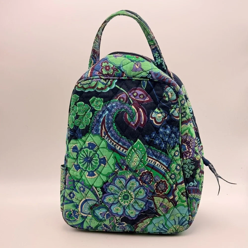 Vera Bradley Blue Green Paisley Quilted Lunch Bag Tote Zip Closure Floral
